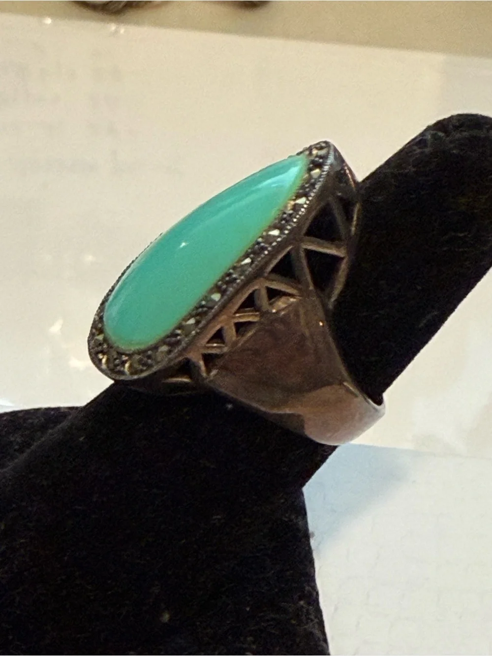 Vintage art deco revival sterling silver oval turquoise cabochon marcasite ring